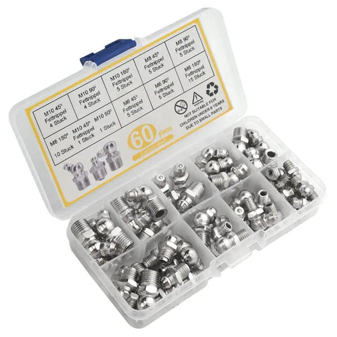 60 Piece Metric Hydraulic Grease Fitting Kit Galvanized Steel M6 M8 M10 Straight 90 Degree 45 Degree Angles Assortment For Tools