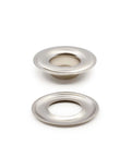 Close-up of nickel finish grommets from Three Eighths Inch Grommets With Setting Tool Kit, Nickel Finish, 72 Sets