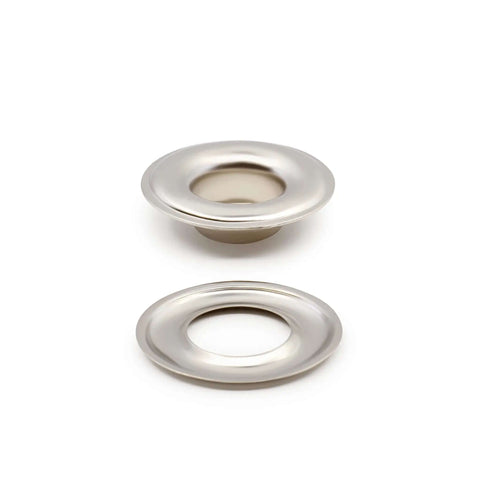 Close-up of nickel finish grommets from Three Eighths Inch Grommets With Setting Tool Kit, Nickel Finish, 72 Sets
