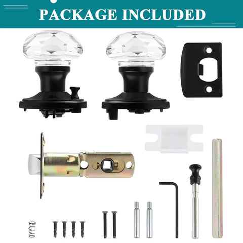 Five Pack Glass Door Knobs With Flat Black Rosettes For Privacy, Interior Door Hardware for Bath and Bedroom components displayed