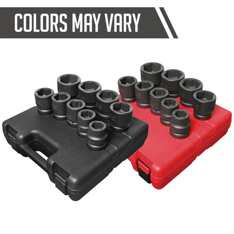 9 Piece 1 Inch Drive Standard SAE Jumbo Impact Socket Set With CR-MO Alloy Steel, in storage cases, colors may vary.