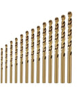 13 Piece M35 Cobalt HSS Drill Bit Set For Metal And Stainless Steel, lined up, twist bits with universal shank, smooth chip removal