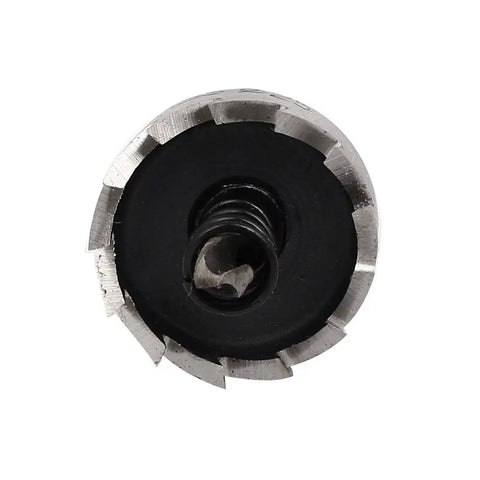Close-up of 25mm Hole Saw Kit With 67mm Long HSS Spring Loaded Twist Drill Bit, cutting edge view for metal and wood projects.