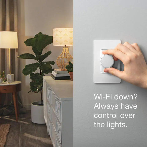 Smart Dimmer Switch For Paddle Decorator Switches Keeps Philips Hue Bulbs In Ready Mode So You Always Have Hue Control And Converts Your Existing Switch Into A Hue Friendly Dimmer White installed in a living room wall