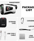 Package contents of Dope Golf Rangefinder With Slope Compensation And Magnetic Mount, 7X Magnification, USB-C, and accessories.