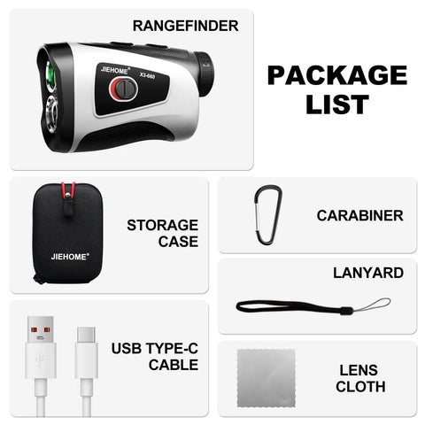 Package contents of Dope Golf Rangefinder With Slope Compensation And Magnetic Mount, 7X Magnification, USB-C, and accessories.