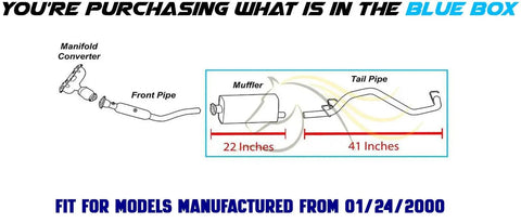 Diagram of exhaust muffler tail pipe for Jeep Wrangler 2000-2006 4.0L direct fit with dimensions