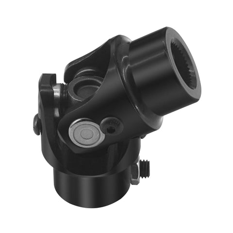 Close-up of 3/4-36 Spline To 3/4 Inch DD Black Steering Universal Joint Shaft, Heavy Duty U Joint for auto and machines, durable metal.