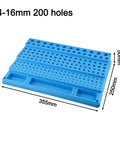 Blue Pro Grade Drill Bit And End Mill Storage Box Organizer with 200 holes for 4 to 16 mm tools, dimensions displayed