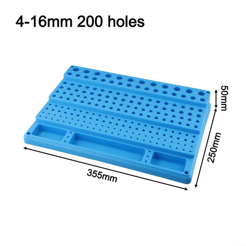 Blue Pro Grade Drill Bit And End Mill Storage Box Organizer with 200 holes for 4 to 16 mm tools, dimensions displayed