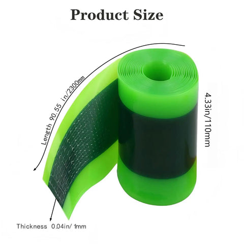 Fat Bike Tire Liner With Self Adhesive Backing 110mm Wide TPU Puncture Protector 2 Pack, showing rolled liner dimensions