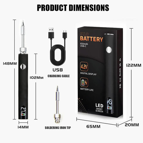 Cordless USB C Soldering Pen Cart for Electronics Repair highlighted with box, charging cable, and LED screen.