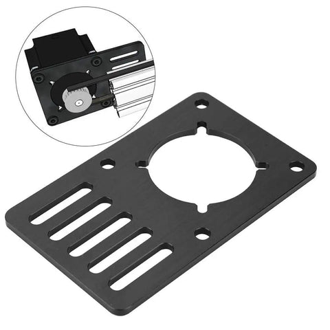 Black Aluminum Beefy NEMA23 Stepper Motor Mount Plate For CNC And 3D Printers, showing adjustable slots and installation example.