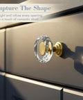 Close-up of Crystal Glass Cabinet Knob from Set Six Pack Gold Polygon Drawer Pulls One And A Quarter Inch With Screws.