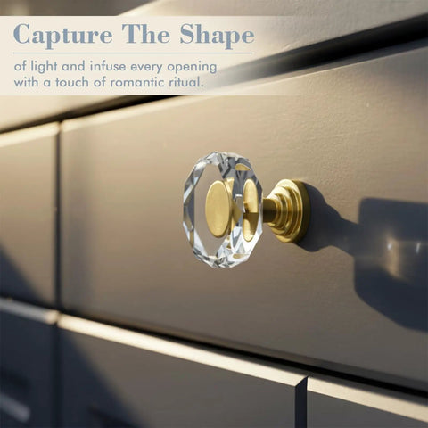 Close-up of Crystal Glass Cabinet Knob from Set Six Pack Gold Polygon Drawer Pulls One And A Quarter Inch With Screws.