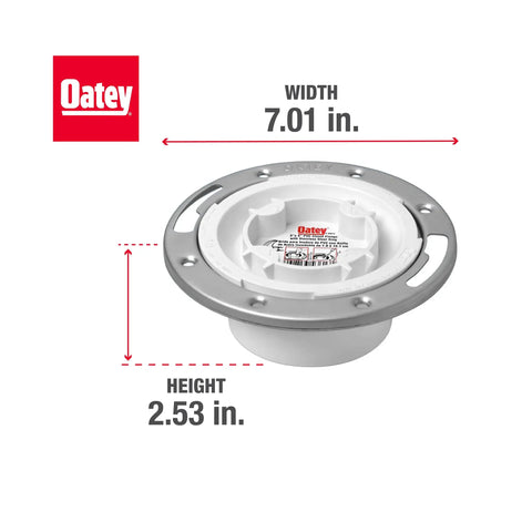 Solid 3 Or 4 In Fast Set White PvC Closet Flange With Heavy Duty Stainless Steel Ring dimensions, width 7.01 in, height 2.53 in.