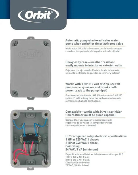 2 HP Irrigation Pump Start Relay in weatherproof ABS enclosure, shown front and internal view, auto sync with 24 VAC systems.