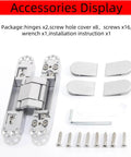 Heavy Duty 6 Inch Hidden Door Hinges 180 Degree Flush Mount Concealed Butt Hinge 3 Way Adjustable hardware kit display with accessories.