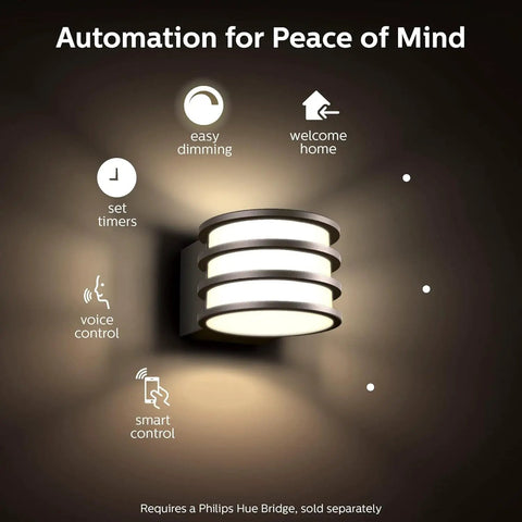 Hue Lucca White Outdoor Wall Light With Dusk To Dawn Sensor, shown with automation features like dimming and voice control icons.