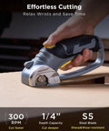 Inokraft Cordless Electric Scissors With Safety Button For Fabric And Cardboard Packaging in hand cutting cardboard with 300 rpm speed.