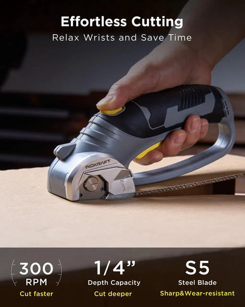 Inokraft Cordless Electric Scissors With Safety Button For Fabric And Cardboard Packaging in hand cutting cardboard with 300 rpm speed.