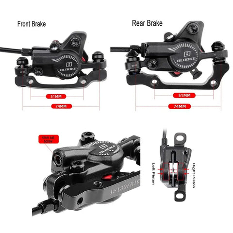 Hella Smooth Hydraulic Disc Brake Kit For Ebikes And Mountain Bikes With Top Shelf Aluminum Build Badass Piston Power Off System Fits 160 Mm Rotors Black Finish showing front and rear brakes with measurements.