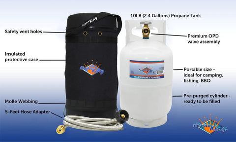Gas Hauler Pro Kit With 10Lb Propane Tank And 5Ft Steel Braided Adapter Hose In Insulated Carry Case for camping and outdoor adventures.