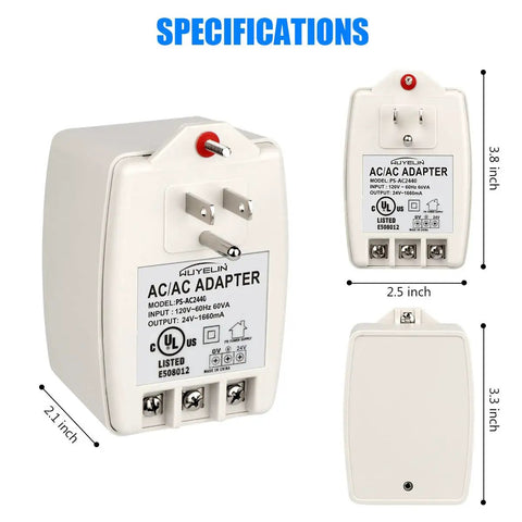 24VAC 40VA Plug In Doorbell And Thermostat Transformer Wall Mount Power Supply shown with dimensions and specifications