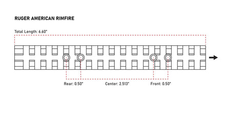 Diagram of Beefy Picatinny Rail Mount For Ruger American Rimfire Rifles showing hole measurements and layout.