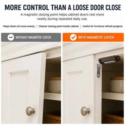 Magnetic Cabinet Door Catch Latch For Cupboards Wardrobes Bookcases And Shoe Cabinets showing open and closed door comparison