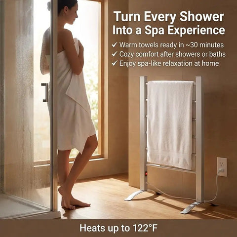 Woman using Six Bar Electric Heated Towel Rack for Bathroom with Wall Mount or Freestanding Design, Plug-In Towel Dryer, Spa-Warm 6 Bar