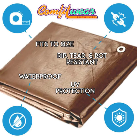 16 Mil Heavy Duty Tarp Cover For Car Boat Camping Tough As Nails All Weather Weatherproof Tear Proof Sun Fade Resistant With Reinforced 18 Inch Grommets And Heat Sealed Seams Waterproof Rot Proof 16x20 Brown showing waterproof features and durability icons