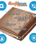 16 Mil Heavy Duty Tarp Cover Built To Last 20x30 Feet Brown Weatherproof Waterproof Tear Resistant With Reinforced 18 Inch Grommets And Heat Sealed Seams Sun Fade Resistant No Leaks No Tears Rot Proof with product features icons.
