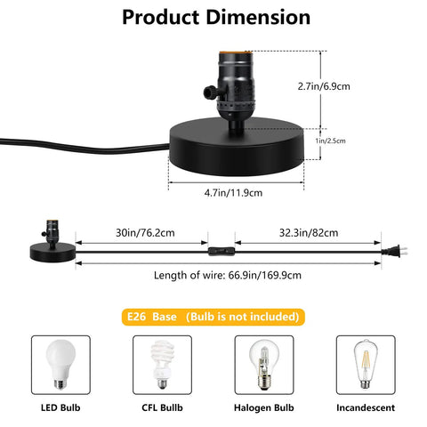 Product dimension of Vintage Industrial Table Lamp Base With Plug In Cord And On Off Switch E26 E27 Desk Light.