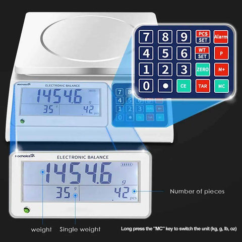 Industrial Counting Scale For Parts And Coins, 66 Lb 30 Kg Capacity, 0.1 G Precision, RS232 Port For PC Or Printer, keypad view