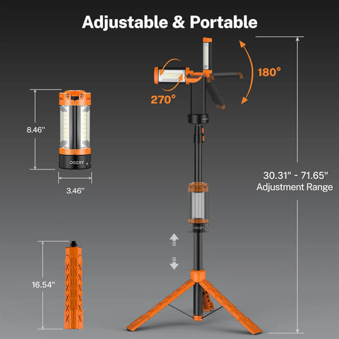 Rechargeable 10000mAh Camping Light With Stand Three Head LED Work Lamp 2200 Lumens Cordless Detachable Tripod 6.5 Feet Max Height