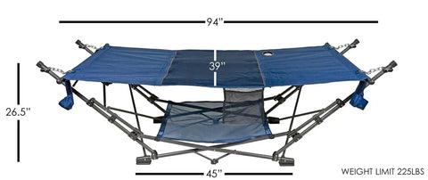 Portable Foldable Metal Framed Hammock With Cup Holder And Built In Storage Pocket And Quick Fold System 94x39x45 in