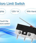 Close-up of black 20 Piece Micro Limit Switch Set NO NC With Hinge Lever 3 Pin 125V 1A Momentary Button for electronics.