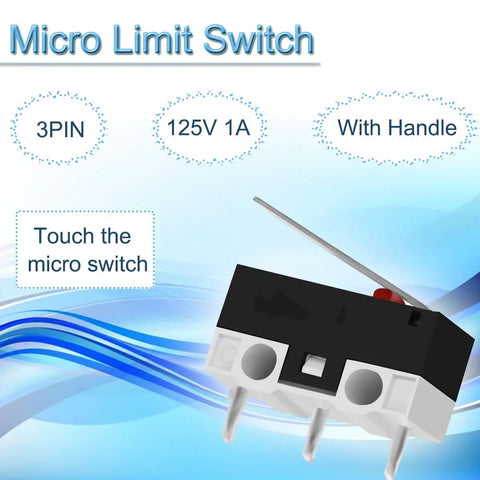 Close-up of black 20 Piece Micro Limit Switch Set NO NC With Hinge Lever 3 Pin 125V 1A Momentary Button for electronics.