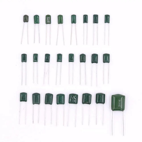 Dope Mylar Film Capacitor Kit With 700 Pieces And 24 Values From 0.22nF To 470nF At 100V Tolerance 5 Percent, green capacitors displayed.