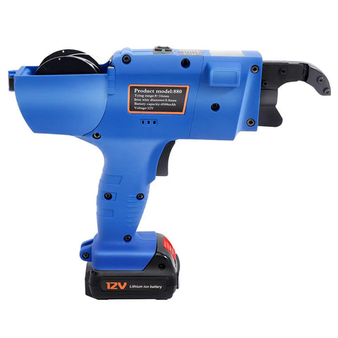 Heavy Duty Electric Rebar Tying Machine Auto Knot Release Gun 8-34mm Range side view featuring 12V lithium battery and design.