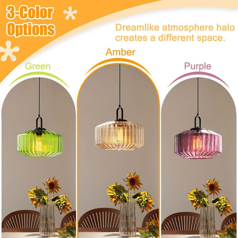 3 color options for pendant light: green, amber, purple. Amber Hand Blown Glass Globe Pendant Light In Black Finish Go To Modern Mid Century Style Ceiling Hanging Fixture For Dining Room Kitchen Island Foyer Hallway Living Room shown with sunflowers.