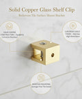 Solid Copper Glass Shelf Clip Surface Mount Bracket for Bathroom Tile Walls and Backsplash holds glass panels, gold finish