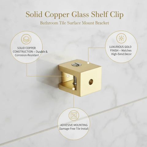Solid Copper Glass Shelf Clip Surface Mount Bracket for Bathroom Tile Walls and Backsplash holds glass panels, gold finish