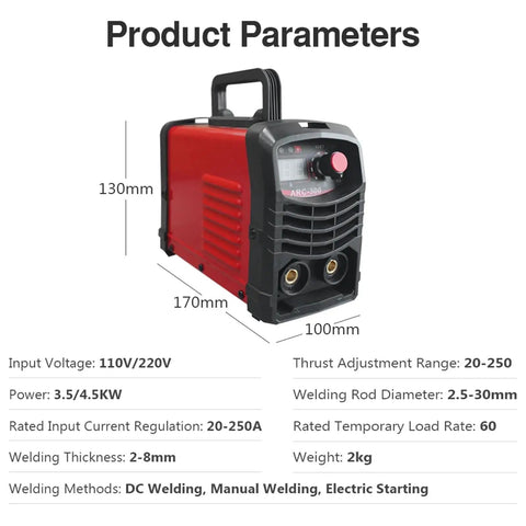 Dual Voltage MMA Welder 110V 220V Inverter Arc Welder 300A with dimensions and specs displayed