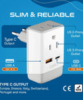 Go To Travel Plug Adapter With USB C And USB Ports, Two USA Sockets, Fast Charging PD QC 3.0, Type C Outlet Adaptor Charger For Spain France Germany Greece Turkey Portugal, showing multiple outlets and charging options.