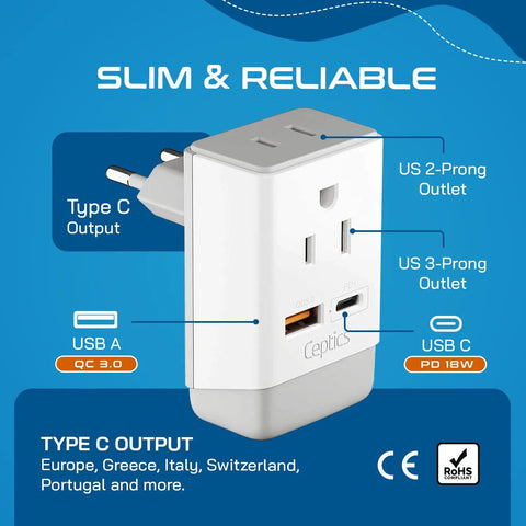 Go To Travel Plug Adapter With USB C And USB Ports, Two USA Sockets, Fast Charging PD QC 3.0, Type C Outlet Adaptor Charger For Spain France Germany Greece Turkey Portugal, showing multiple outlets and charging options.