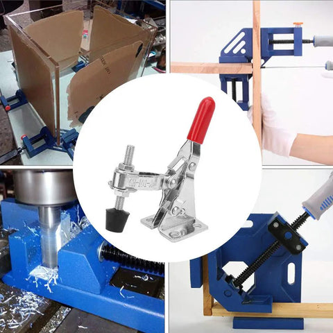 Heavy Duty Vertical Toggle Clamp Quick Release Handle For Welding With Rust Proof Zinc Plated Steel And Easy Swivel Grip For Rough Job Sites Solid Lockdown No Sweat Setup Guaranteed, displayed in a workshop setup.