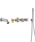 Three Handle Wall Mount Tub Faucet With Sprayer For High Flow Waterfall Bathtub Faucet Experience In Brushed Nickel Dope Solid Brass Construction Easy Install Modern Bathroom Upgrade showing wall-mounted spout, controls, and sprayer.