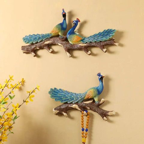 Wall Mounted Double Coat Hooks Straight Up Durable Bathrobe Hanger Space Saving Key Holder featuring peacock design and branch shape.